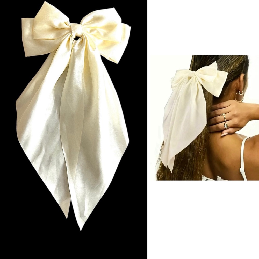 Large Ivory Satin Bow Hair Barrette NEW